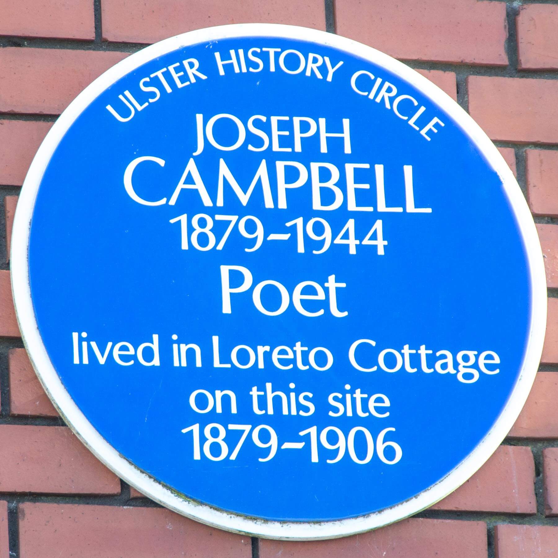Ulster History Circle blue plaque celebrating poet Joseph Campbell in east Belfast photographed for Journey East Gaelic Irish history guided bus and walking tours in Belfast - square photo 6867